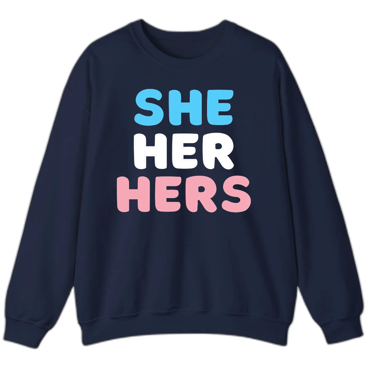 Bold three-line text design reading 'SHE HER HERS' in cyan, white, and pink colors representing she-her-hers pronouns in Navy