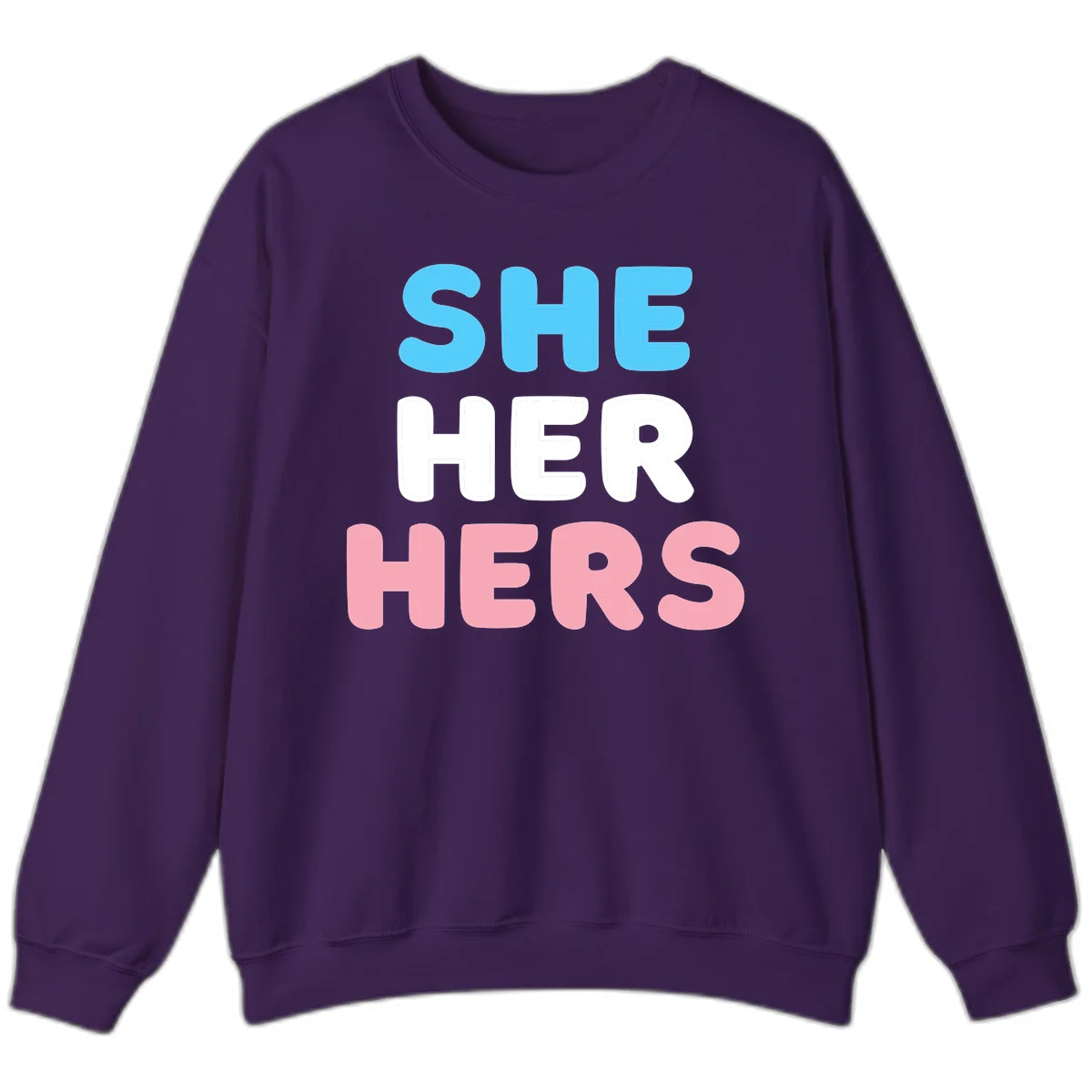 Bold three-line text design reading 'SHE HER HERS' in cyan, white, and pink colors representing she-her-hers pronouns in Purple
