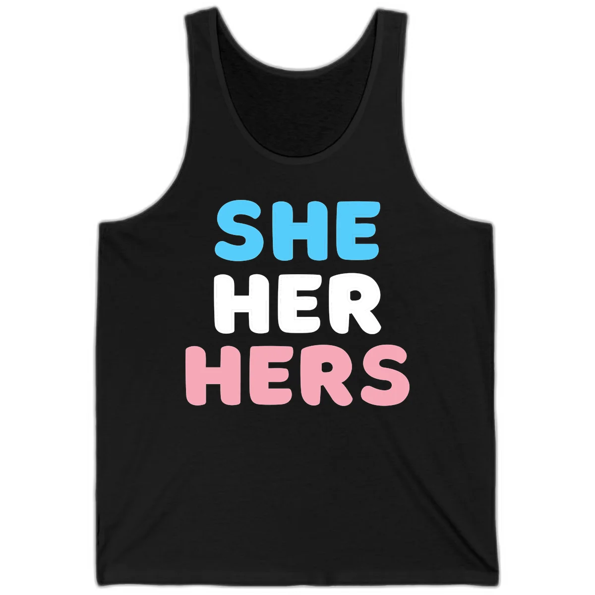 Bold three-line text design reading 'SHE HER HERS' in cyan, white, and pink colors representing she-her-hers pronouns in Black