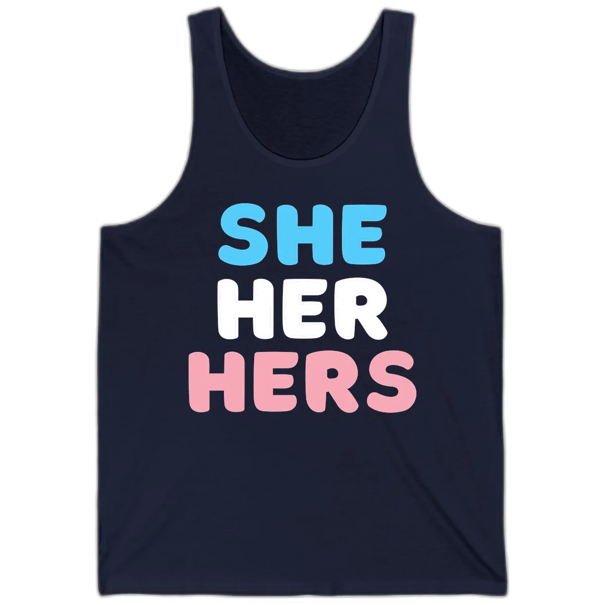 Bold three-line text design reading 'SHE HER HERS' in cyan, white, and pink colors representing she-her-hers pronouns in Navy