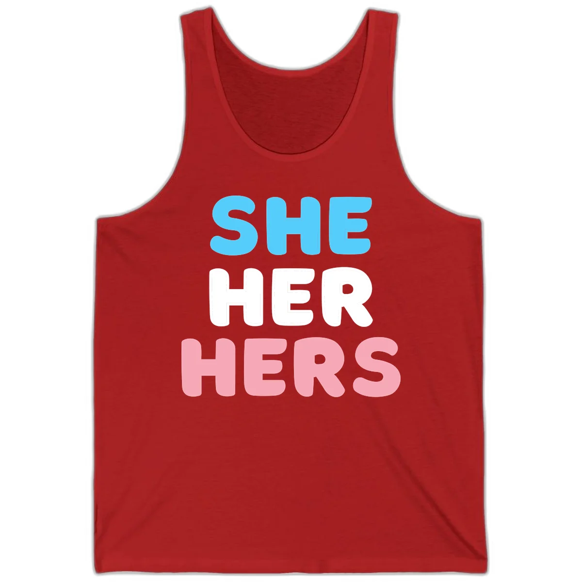 Bold three-line text design reading 'SHE HER HERS' in cyan, white, and pink colors representing she-her-hers pronouns in Red