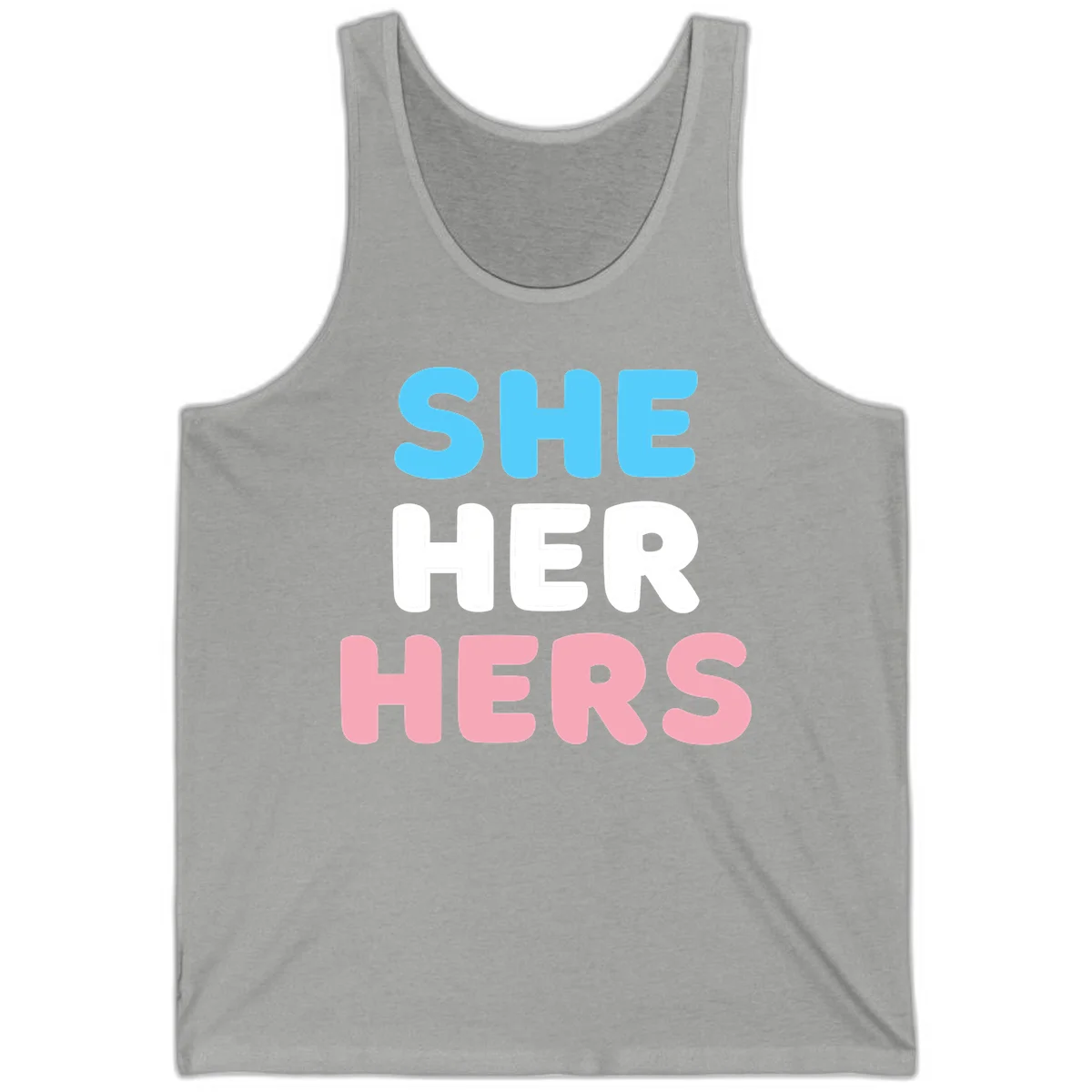 Bold three-line text design reading 'SHE HER HERS' in cyan, white, and pink colors representing she-her-hers pronouns in Athletic Heather