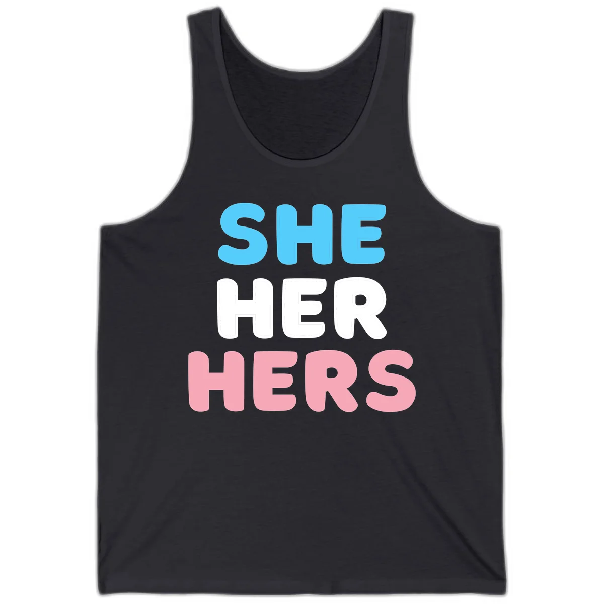 Bold three-line text design reading 'SHE HER HERS' in cyan, white, and pink colors representing she-her-hers pronouns in Dark Grey