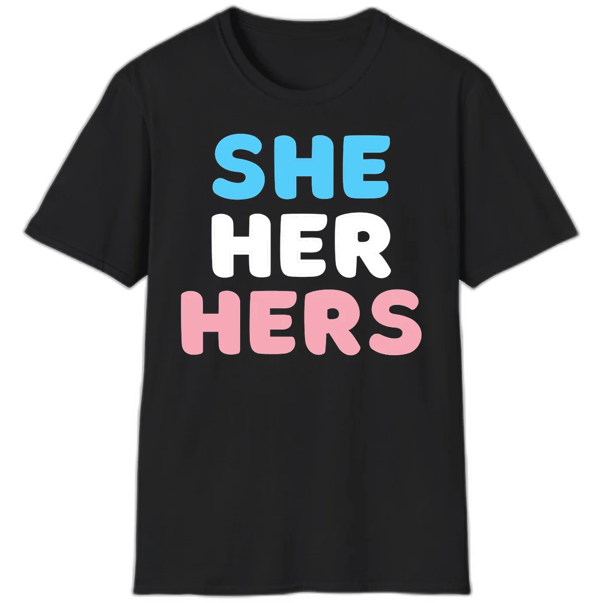 Bold three-line text design reading 'SHE HER HERS' in cyan, white, and pink colors representing she-her-hers pronouns in Black