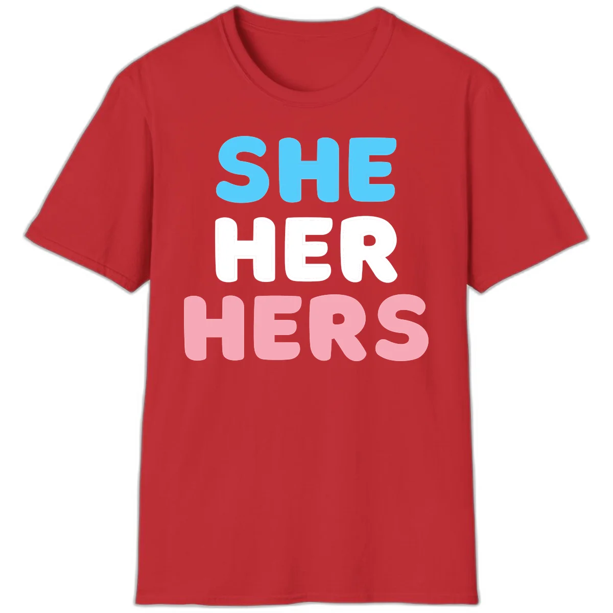 Bold three-line text design reading 'SHE HER HERS' in cyan, white, and pink colors representing she-her-hers pronouns in Red