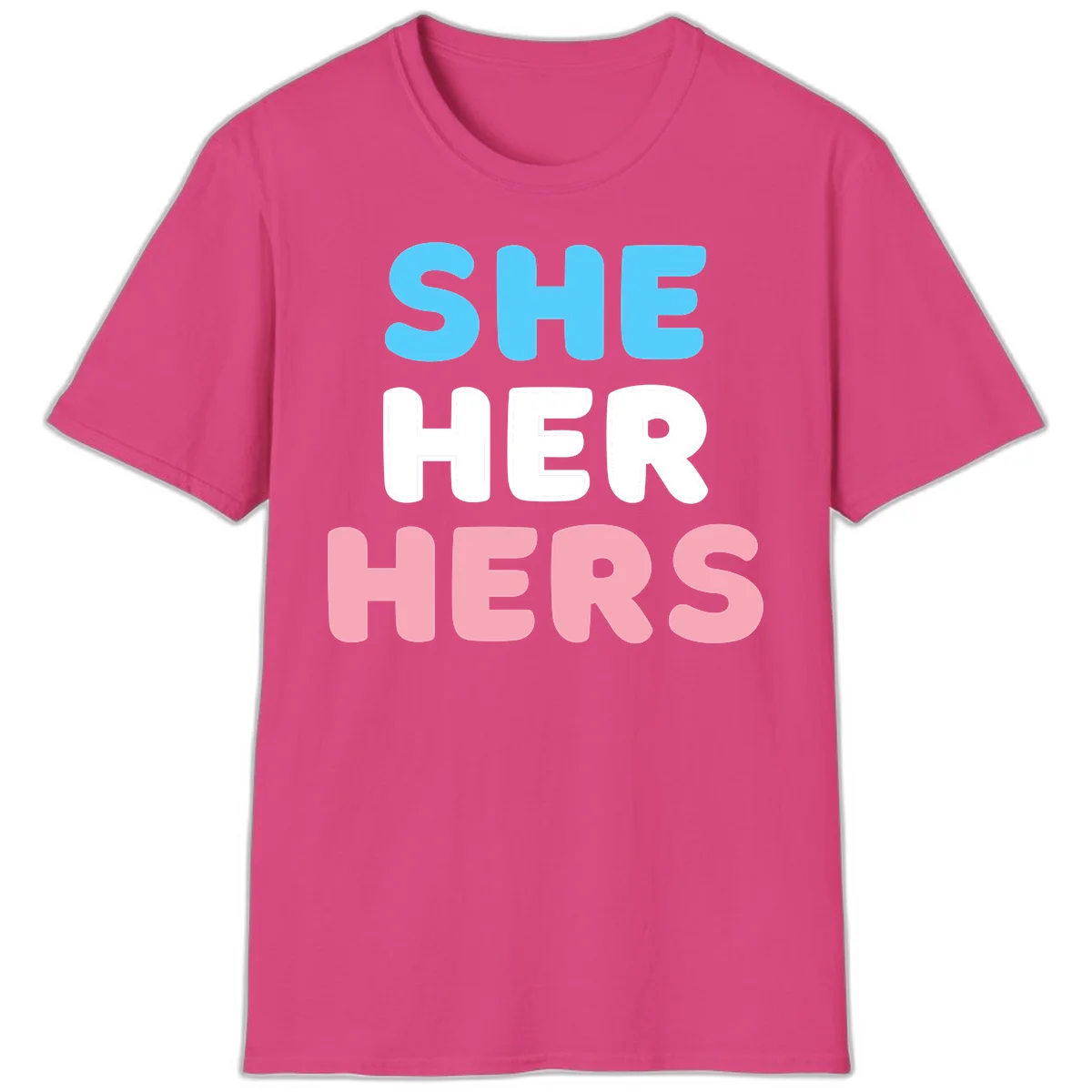 Bold three-line text design reading 'SHE HER HERS' in cyan, white, and pink colors representing she-her-hers pronouns in Heliconia