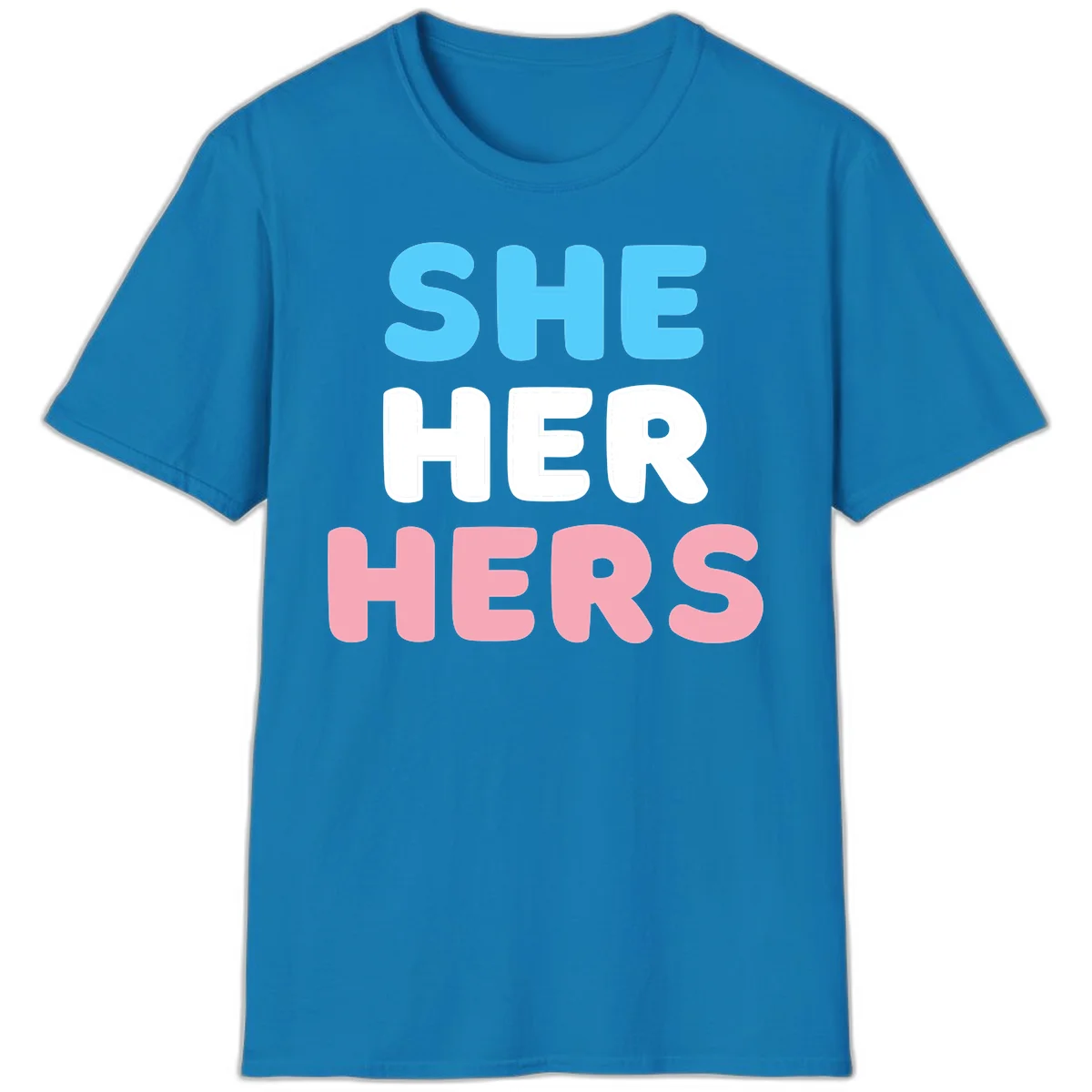 Bold three-line text design reading 'SHE HER HERS' in cyan, white, and pink colors representing she-her-hers pronouns in Sapphire