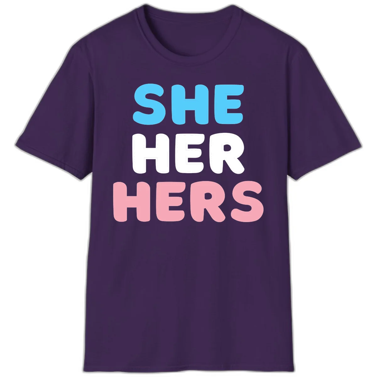 Bold three-line text design reading 'SHE HER HERS' in cyan, white, and pink colors representing she-her-hers pronouns in Purple