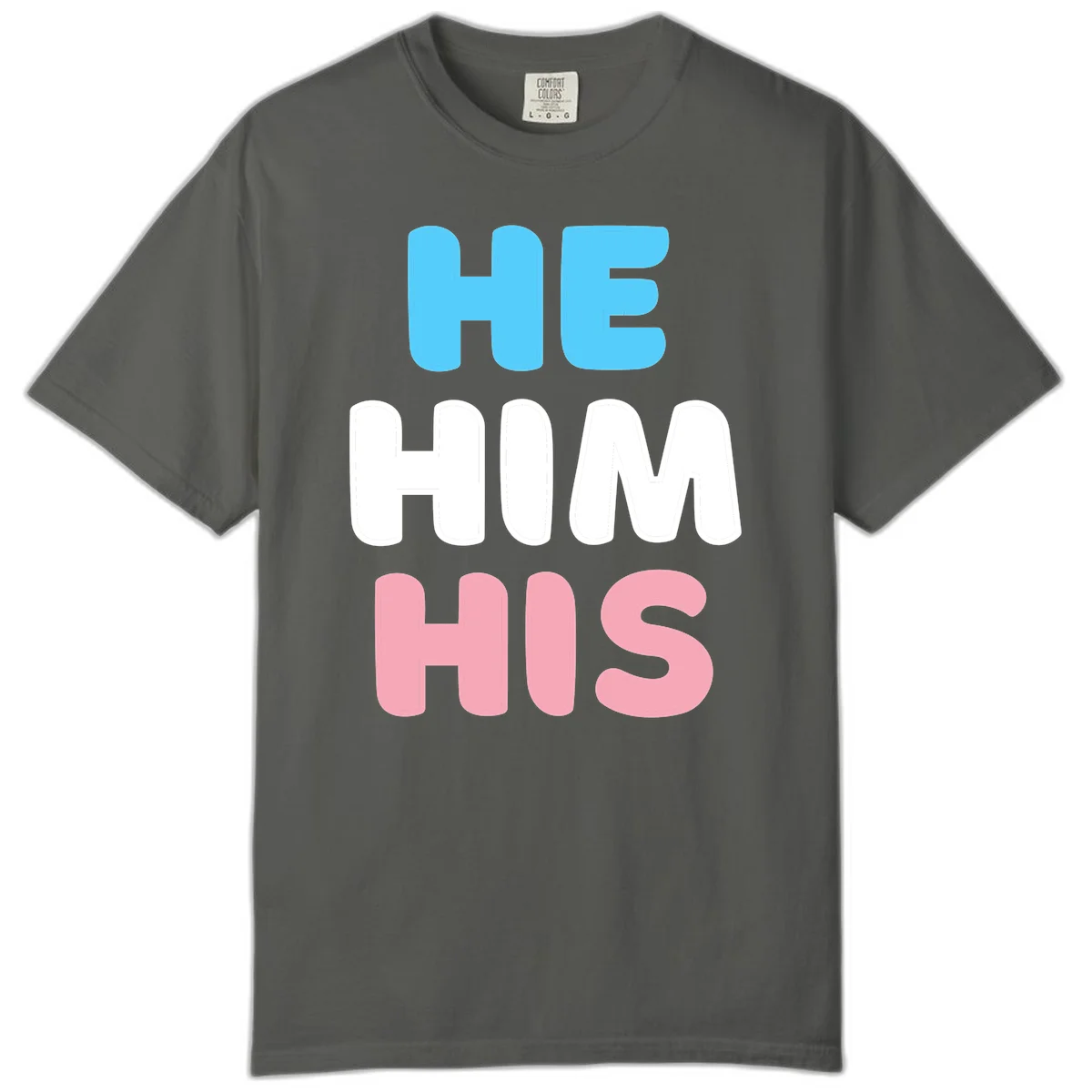 Stacked typography design with HE in cyan, HIM in white, and HIS in pink displaying he/him/his pronouns in Pepper