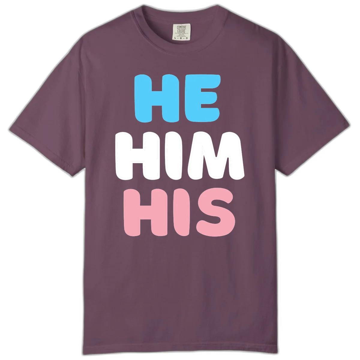 Stacked typography design with HE in cyan, HIM in white, and HIS in pink displaying he/him/his pronouns in Berry
