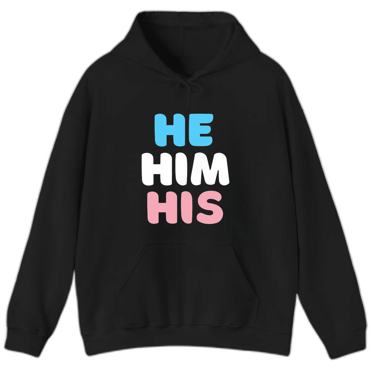 Stacked typography design with HE in cyan, HIM in white, and HIS in pink displaying he/him/his pronouns in Black