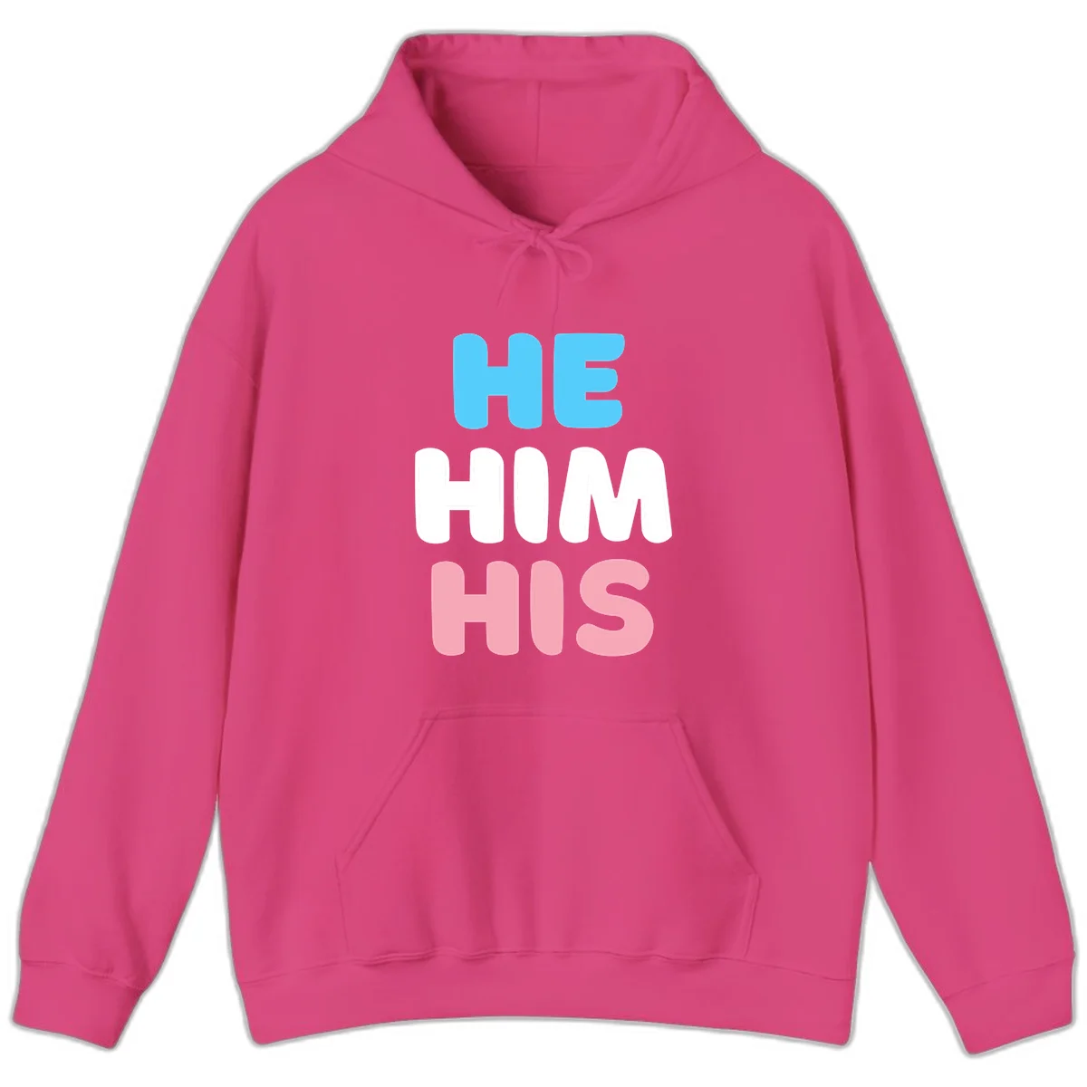 Stacked typography design with HE in cyan, HIM in white, and HIS in pink displaying he/him/his pronouns in Heliconia