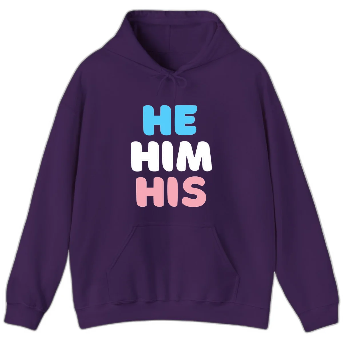 Stacked typography design with HE in cyan, HIM in white, and HIS in pink displaying he/him/his pronouns in Purple