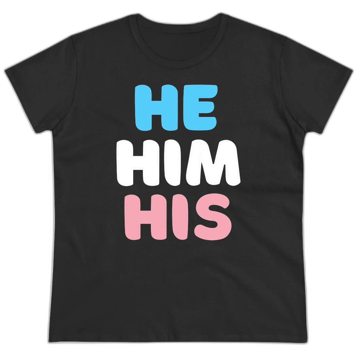 Stacked typography design with HE in cyan, HIM in white, and HIS in pink displaying he/him/his pronouns in Black