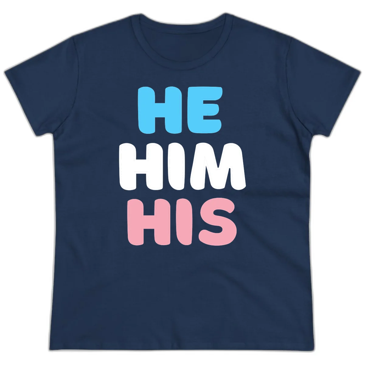 Stacked typography design with HE in cyan, HIM in white, and HIS in pink displaying he/him/his pronouns in Navy