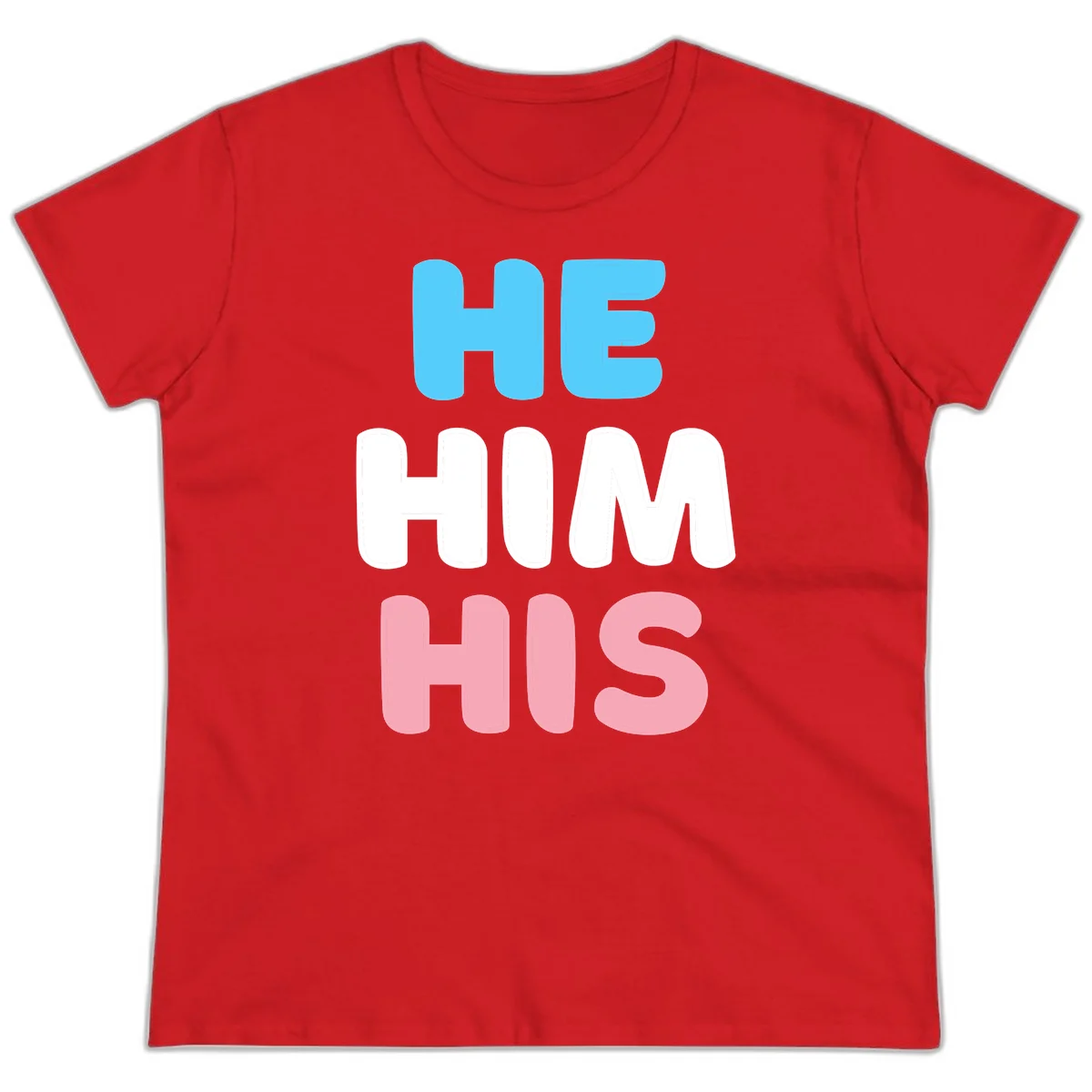 Stacked typography design with HE in cyan, HIM in white, and HIS in pink displaying he/him/his pronouns in Red