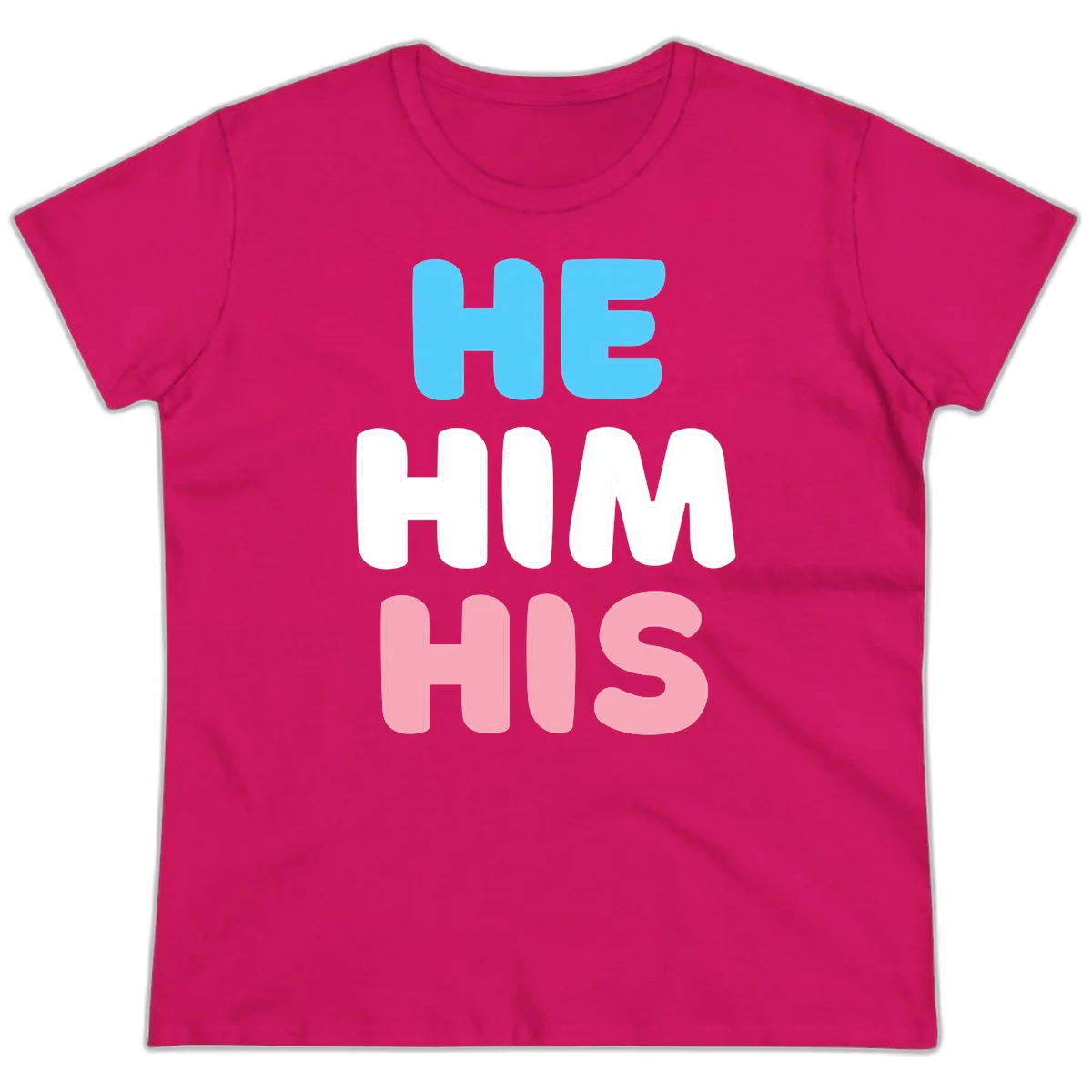 Stacked typography design with HE in cyan, HIM in white, and HIS in pink displaying he/him/his pronouns in Heliconia