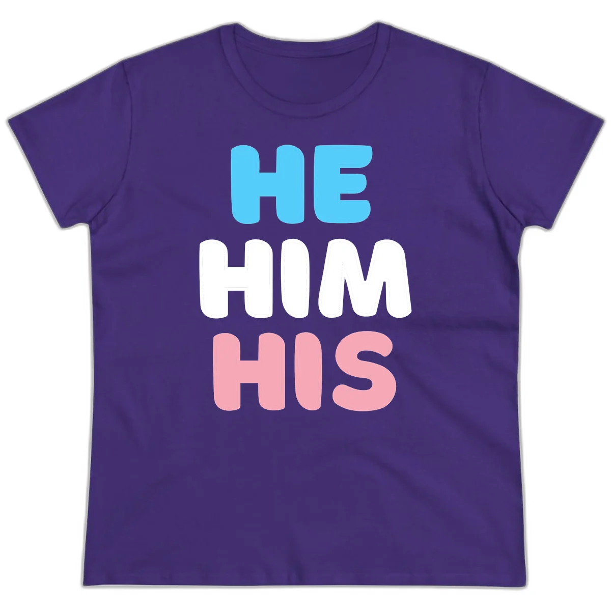 Stacked typography design with HE in cyan, HIM in white, and HIS in pink displaying he/him/his pronouns in Purple
