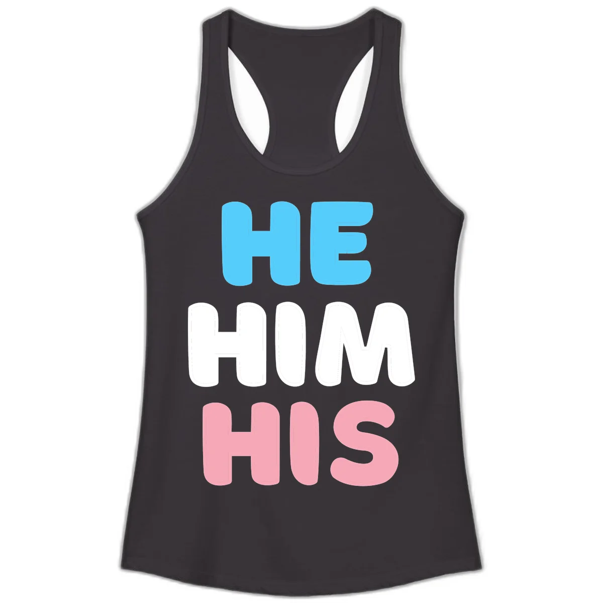 Stacked typography design with HE in cyan, HIM in white, and HIS in pink displaying he/him/his pronouns in Black