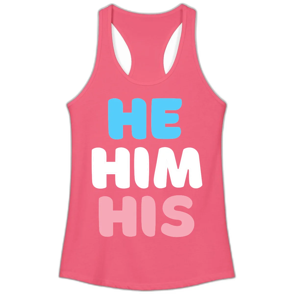 Stacked typography design with HE in cyan, HIM in white, and HIS in pink displaying he/him/his pronouns in Hot Pink