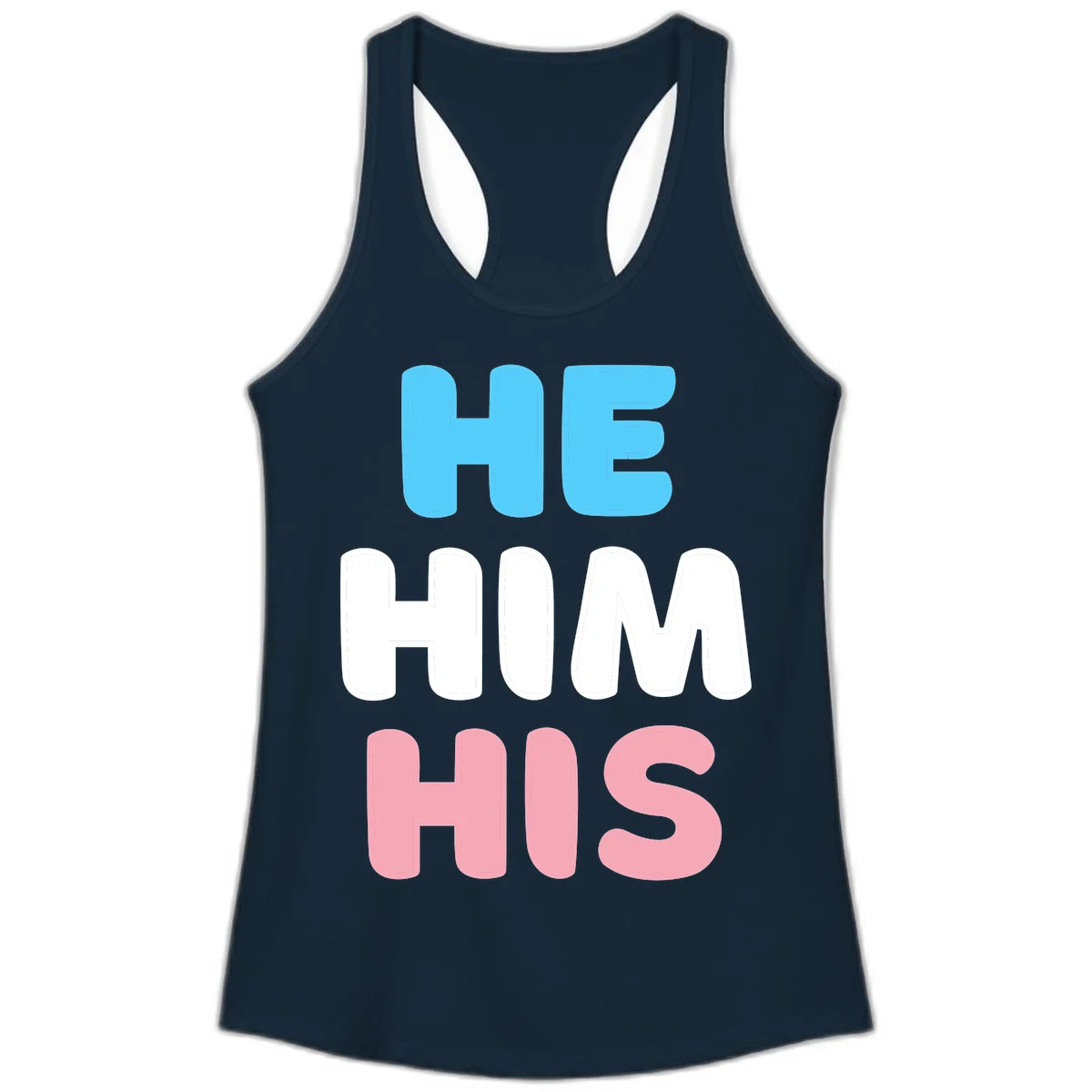 Stacked typography design with HE in cyan, HIM in white, and HIS in pink displaying he/him/his pronouns in Solid Midnight Navy
