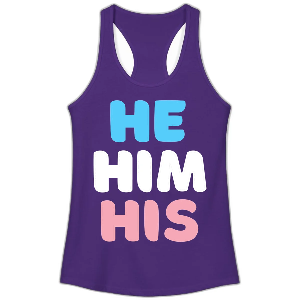 Stacked typography design with HE in cyan, HIM in white, and HIS in pink displaying he/him/his pronouns in Solid Purple Rush