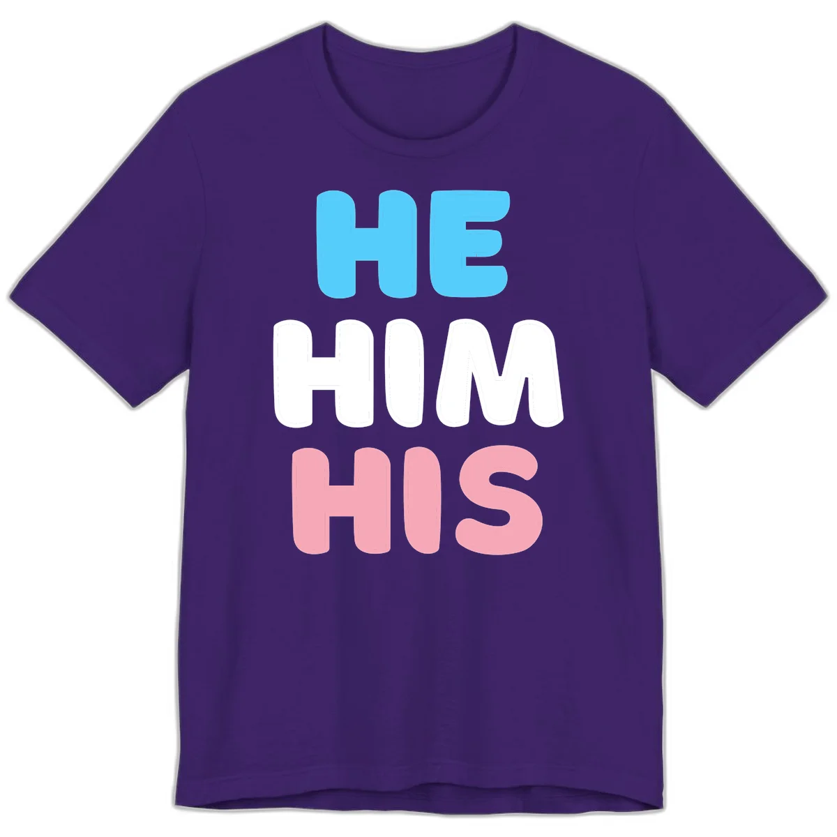 Stacked typography design with HE in cyan, HIM in white, and HIS in pink displaying he/him/his pronouns in Team Purple