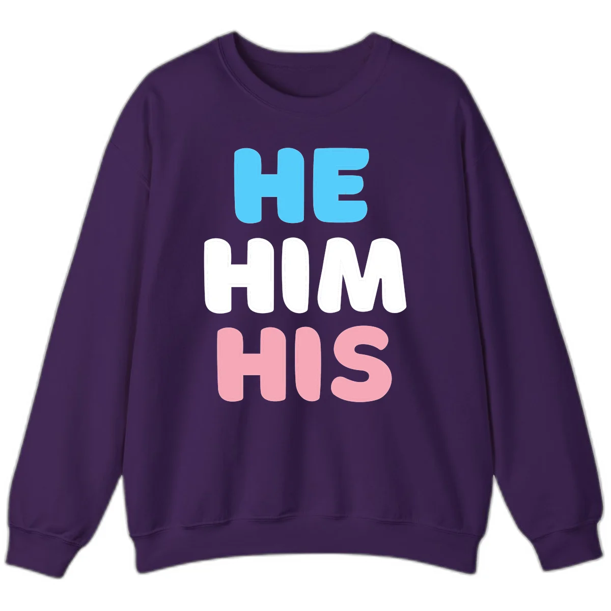 Stacked typography design with HE in cyan, HIM in white, and HIS in pink displaying he/him/his pronouns in Purple