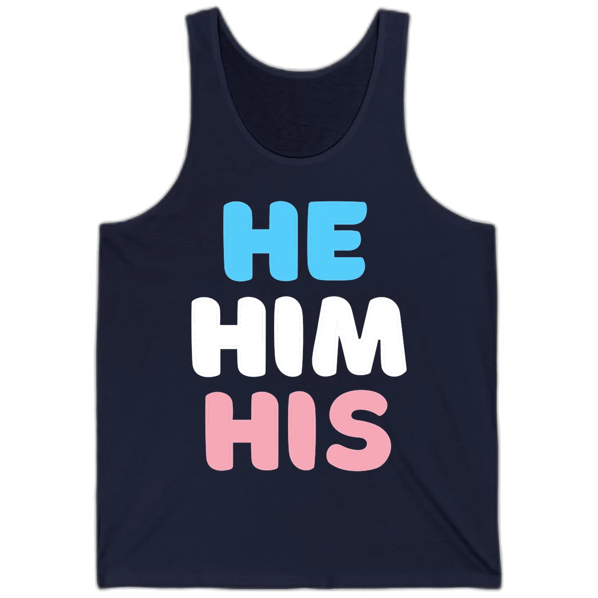 Stacked typography design with HE in cyan, HIM in white, and HIS in pink displaying he/him/his pronouns in Navy