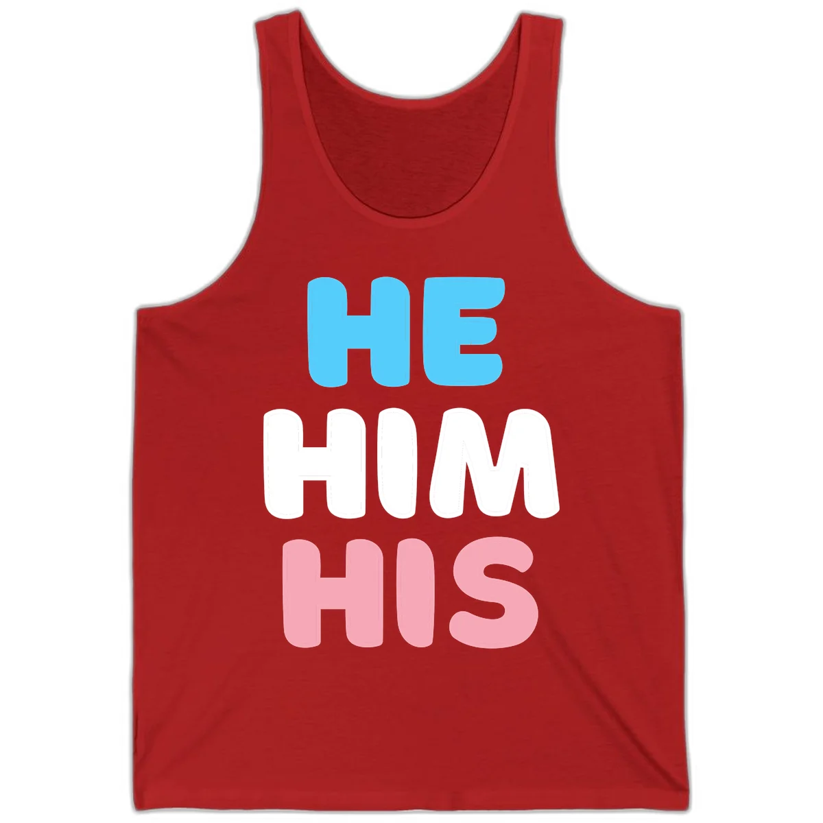 Stacked typography design with HE in cyan, HIM in white, and HIS in pink displaying he/him/his pronouns in Red
