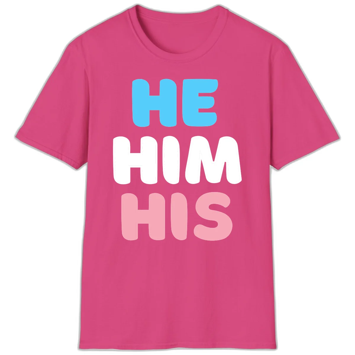Stacked typography design with HE in cyan, HIM in white, and HIS in pink displaying he/him/his pronouns in Heliconia