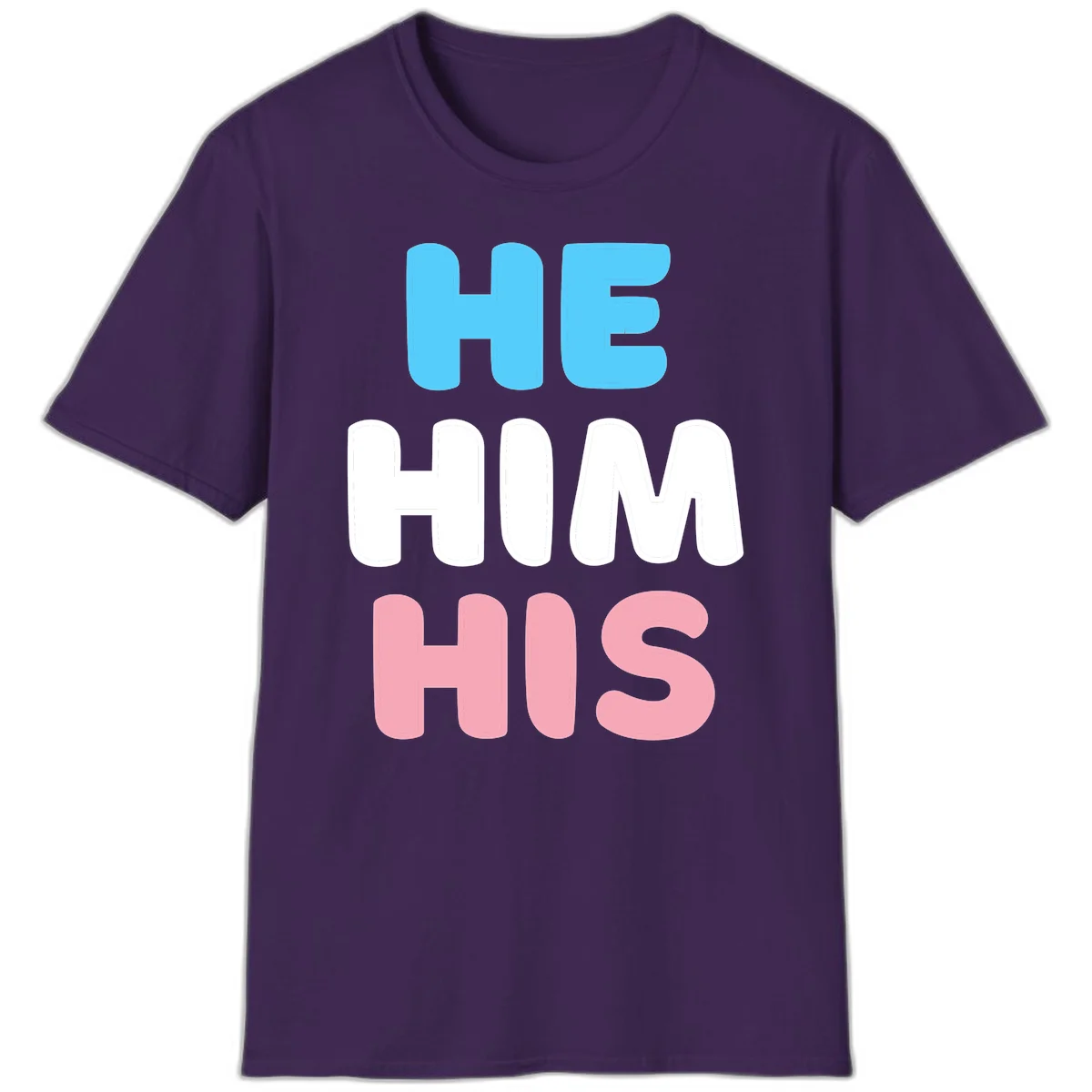 Stacked typography design with HE in cyan, HIM in white, and HIS in pink displaying he/him/his pronouns in Purple