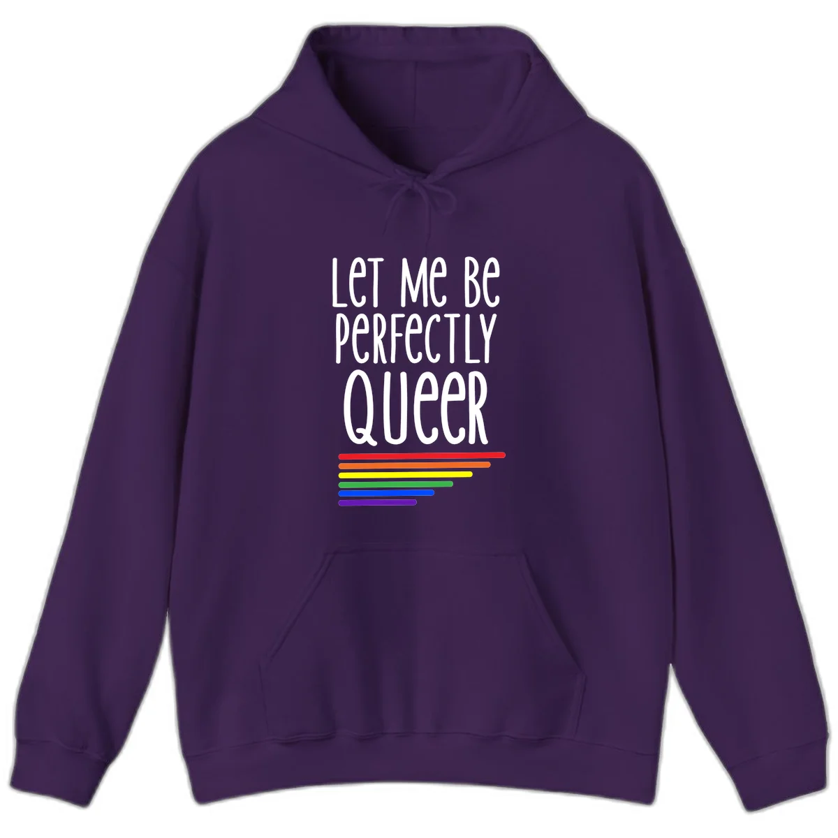 White text reading 'Let Me Be Perfectly Queer' on gray background with six rainbow pride stripes below in Purple