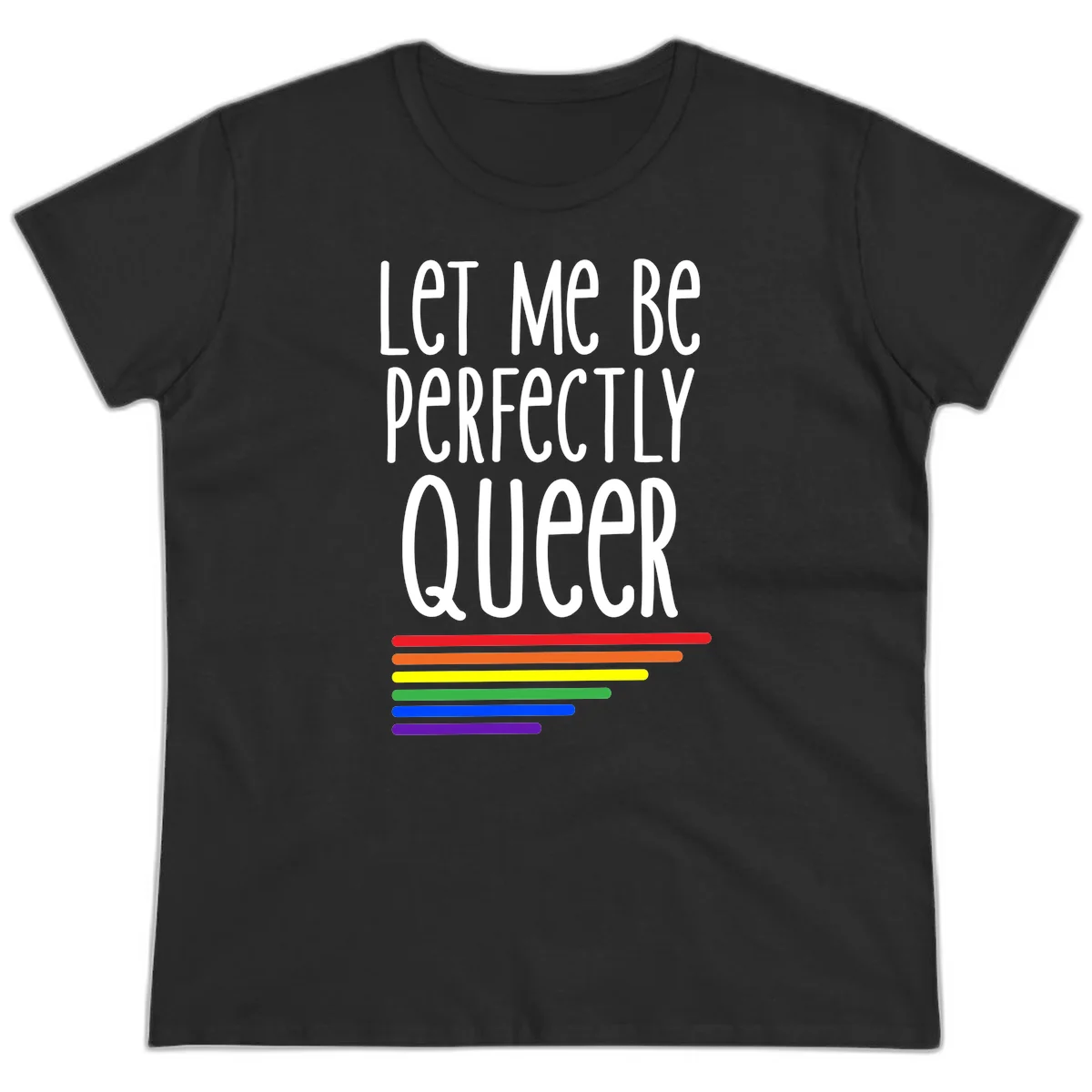 White text reading 'Let Me Be Perfectly Queer' on gray background with six rainbow pride stripes below in Black