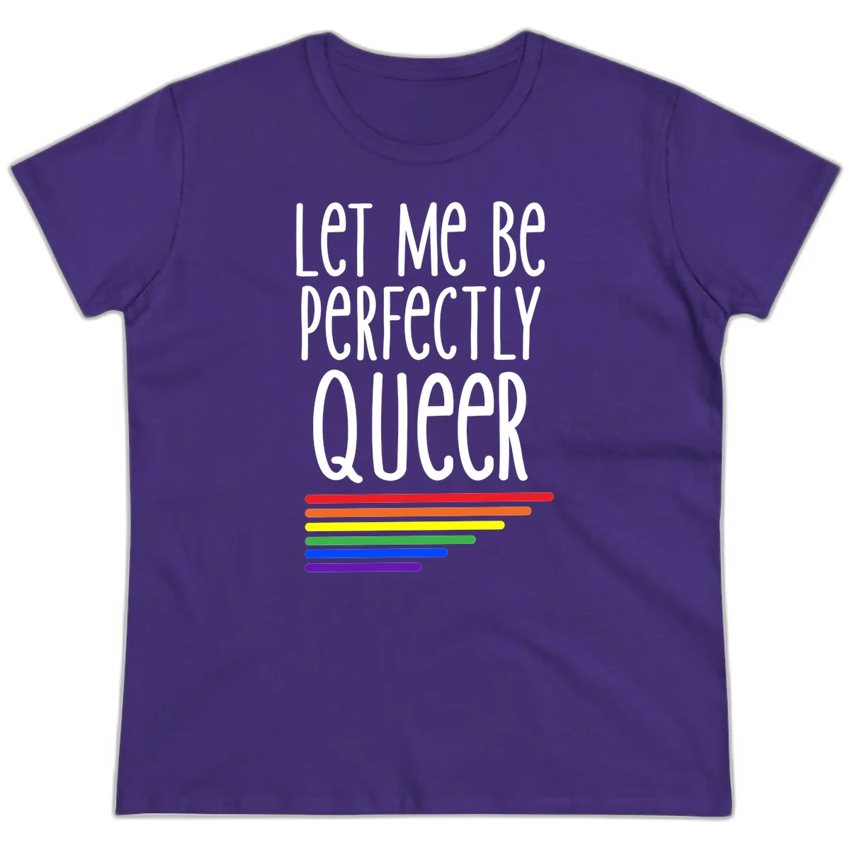White text reading 'Let Me Be Perfectly Queer' on gray background with six rainbow pride stripes below in Purple