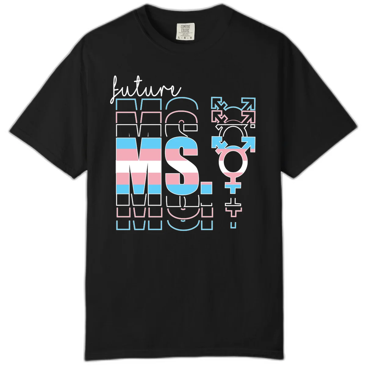 Future self gender identity pride design featuring male, female, non-binary, transgender, and intersex symbols with blue, pink, and white striped elements in Black