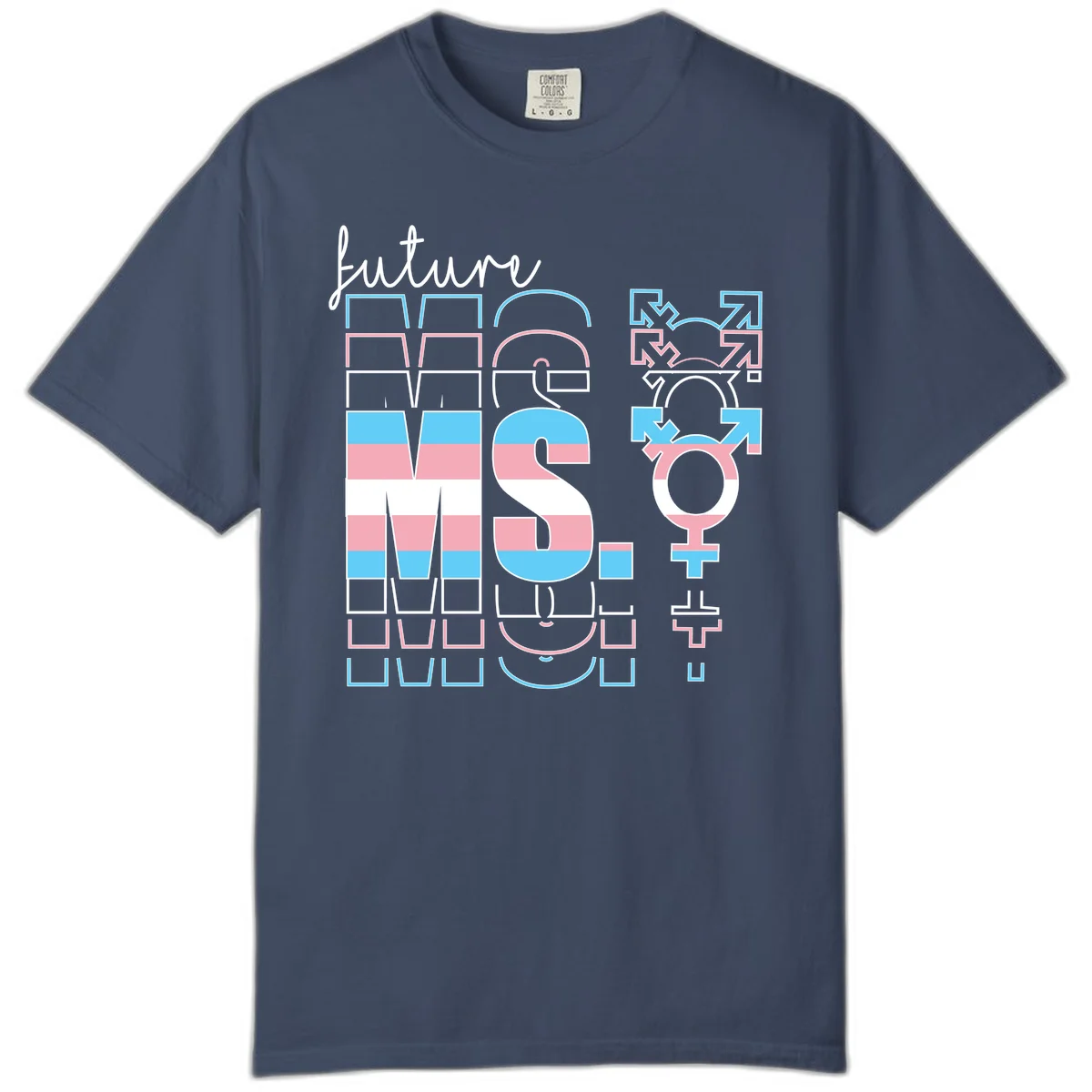 Future self gender identity pride design featuring male, female, non-binary, transgender, and intersex symbols with blue, pink, and white striped elements in Midnight