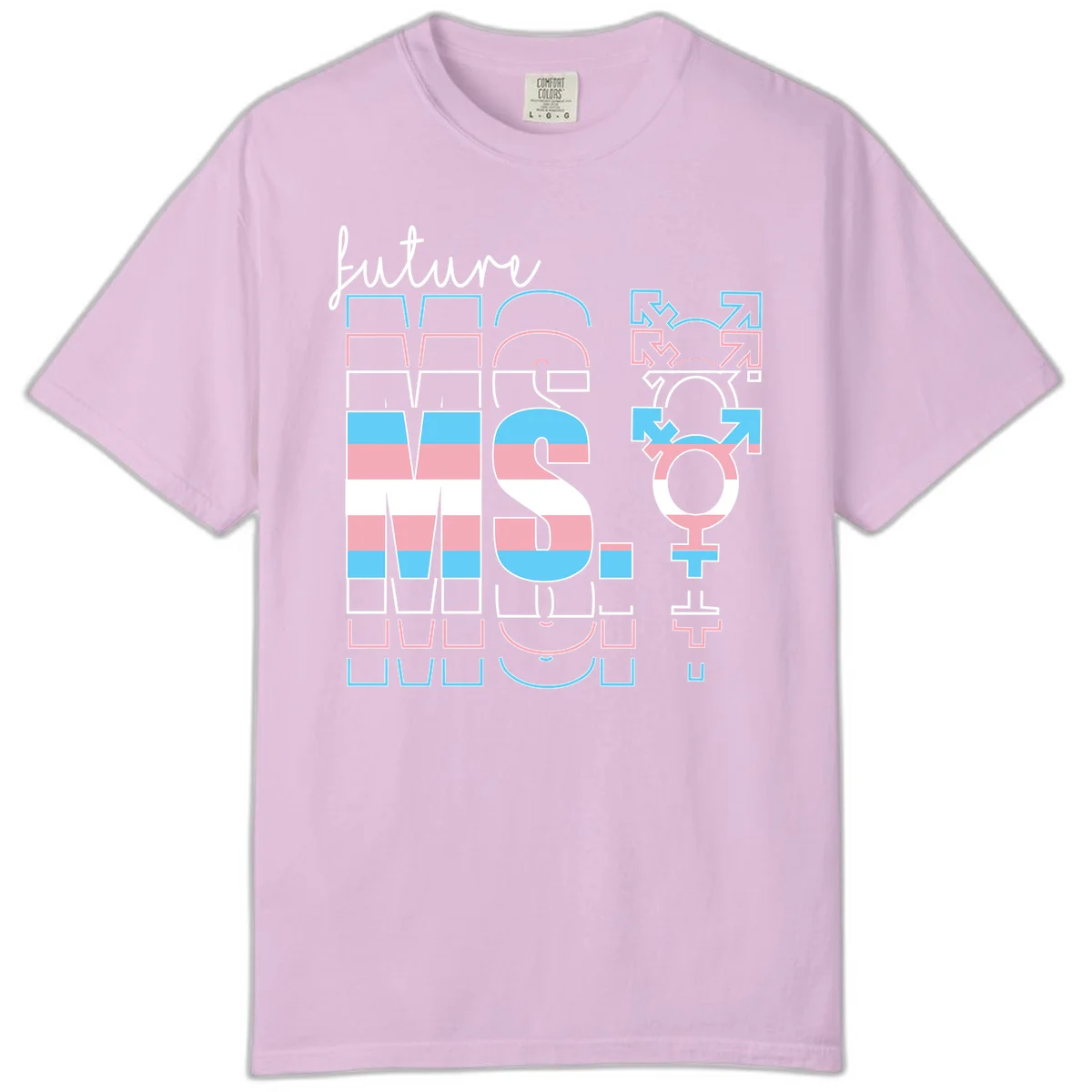 Future self gender identity pride design featuring male, female, non-binary, transgender, and intersex symbols with blue, pink, and white striped elements in Orchid