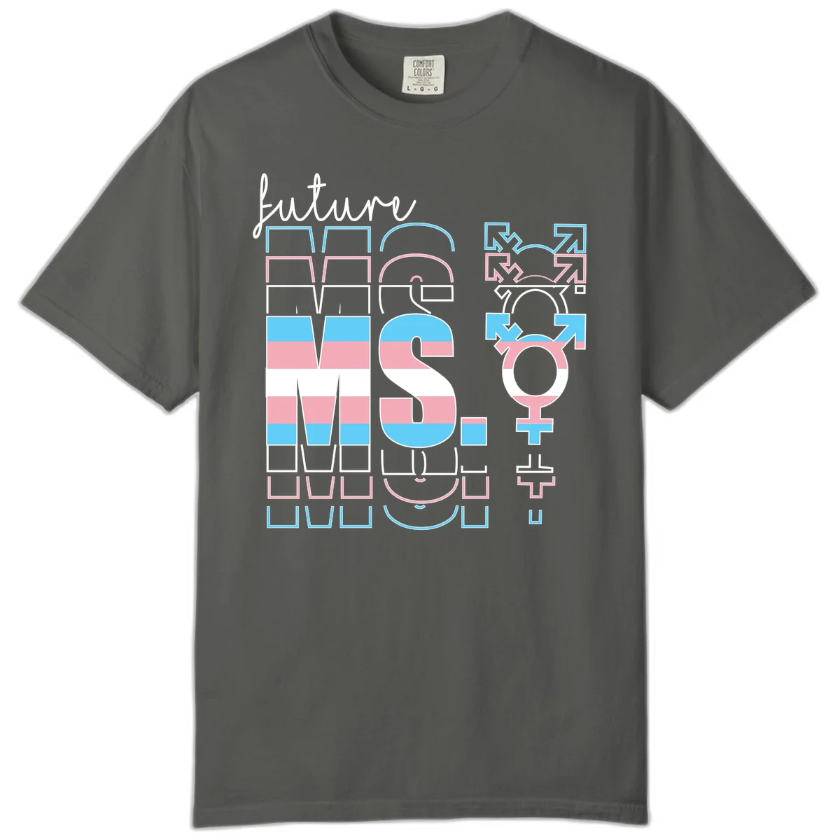 Future self gender identity pride design featuring male, female, non-binary, transgender, and intersex symbols with blue, pink, and white striped elements in Pepper