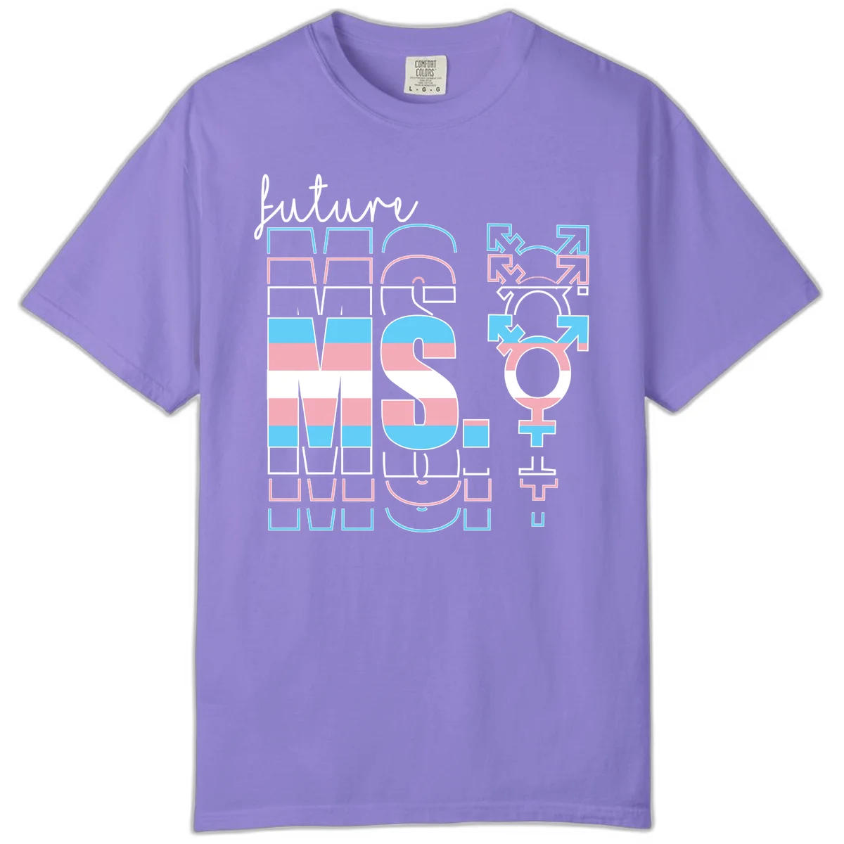Future self gender identity pride design featuring male, female, non-binary, transgender, and intersex symbols with blue, pink, and white striped elements in Violet