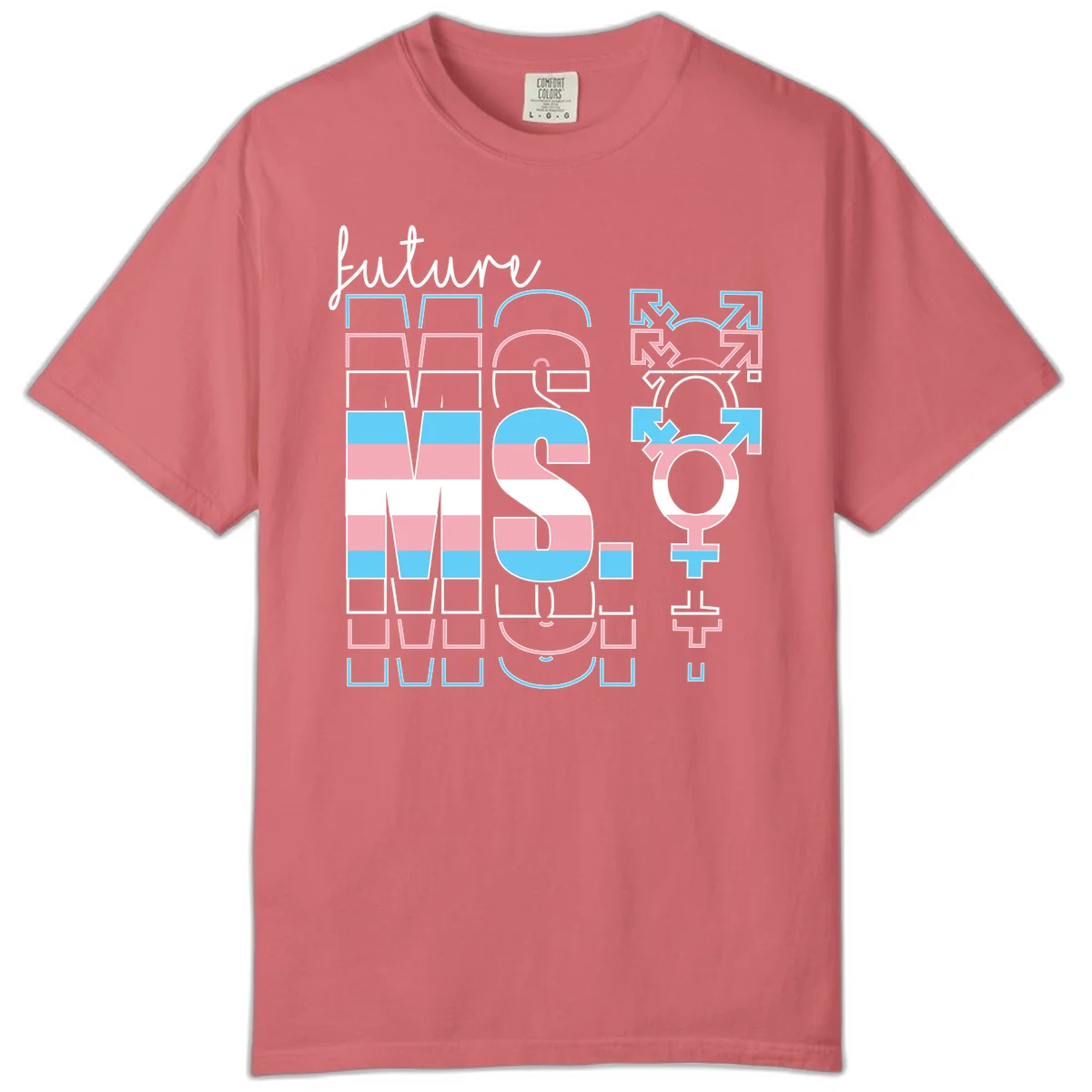 Future self gender identity pride design featuring male, female, non-binary, transgender, and intersex symbols with blue, pink, and white striped elements in Watermelon
