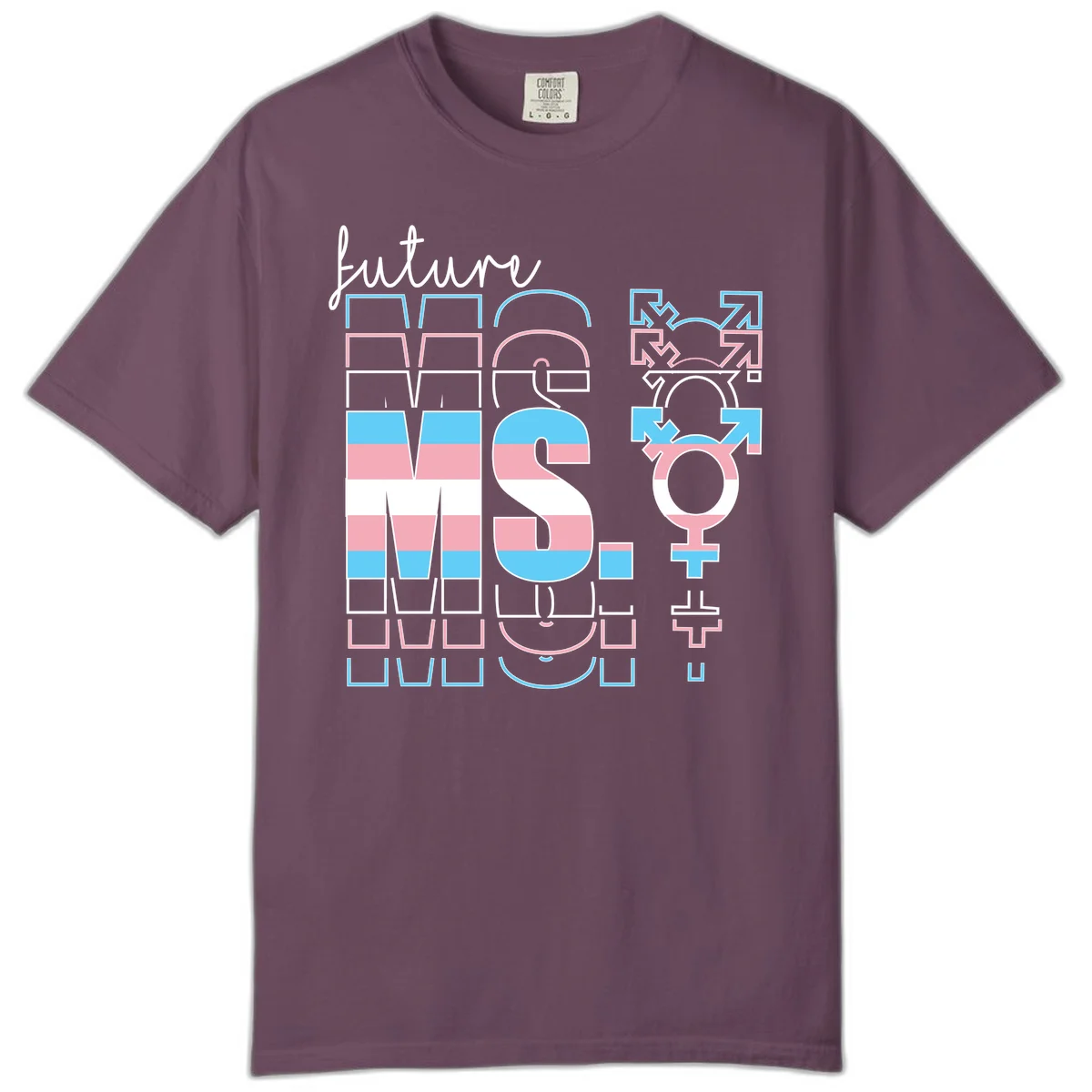 Future self gender identity pride design featuring male, female, non-binary, transgender, and intersex symbols with blue, pink, and white striped elements in Berry