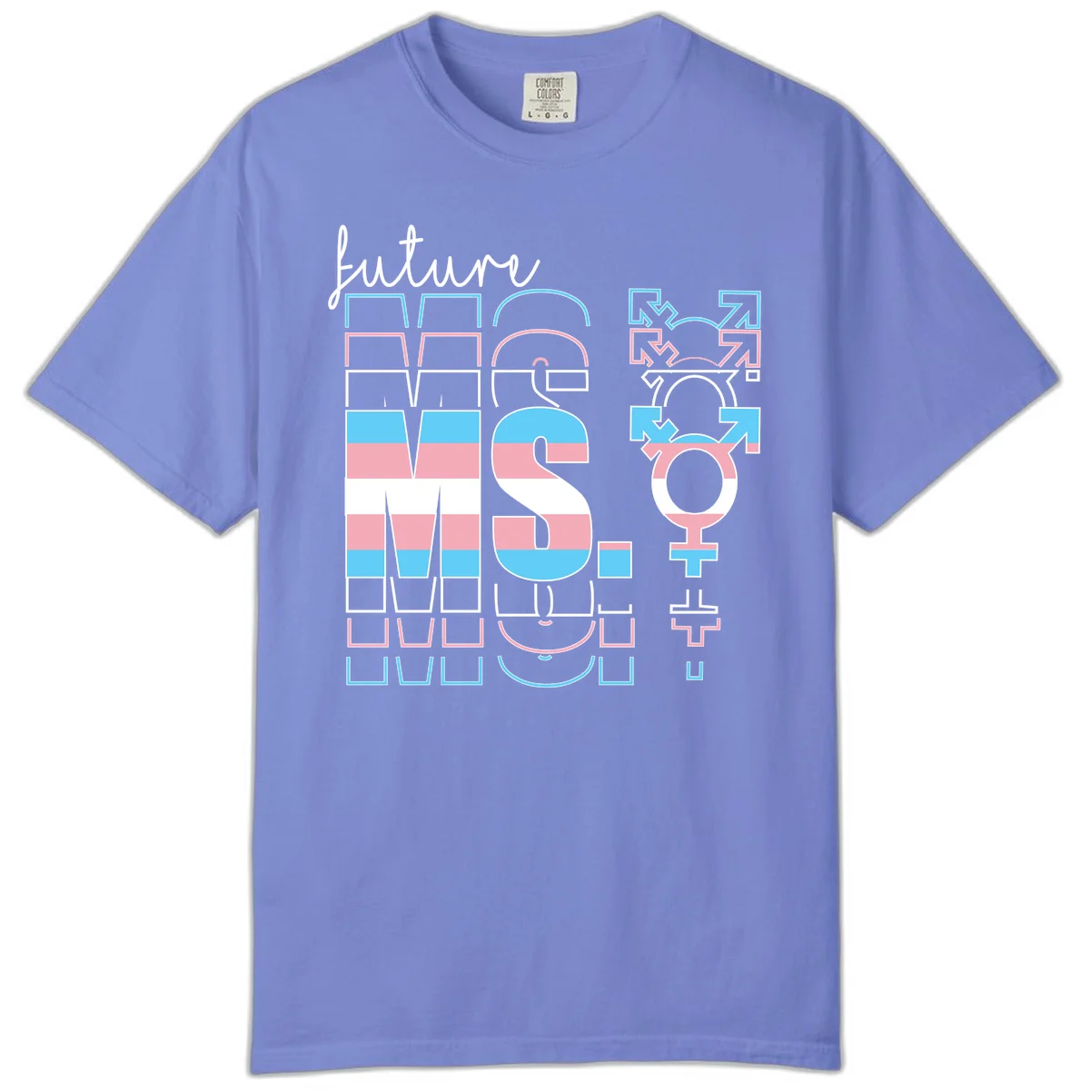 Future self gender identity pride design featuring male, female, non-binary, transgender, and intersex symbols with blue, pink, and white striped elements in Flo Blue