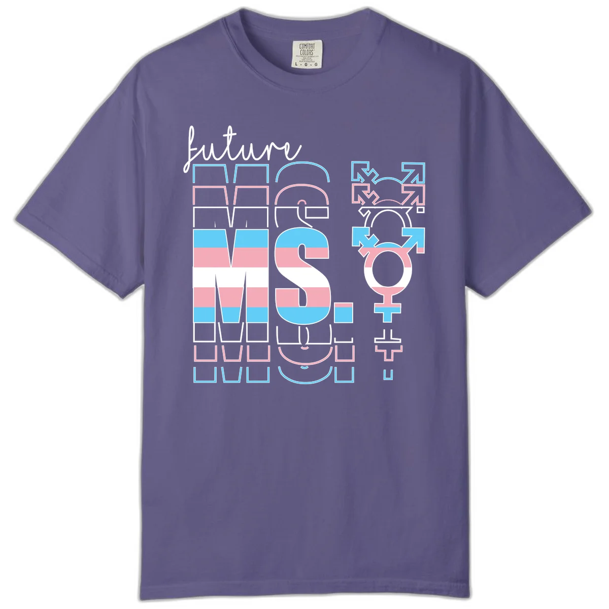 Future self gender identity pride design featuring male, female, non-binary, transgender, and intersex symbols with blue, pink, and white striped elements in Grape