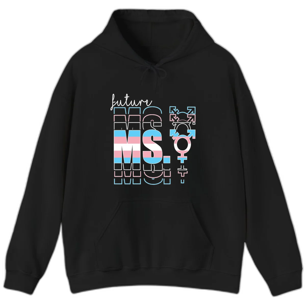Future self gender identity pride design featuring male, female, non-binary, transgender, and intersex symbols with blue, pink, and white striped elements in Black