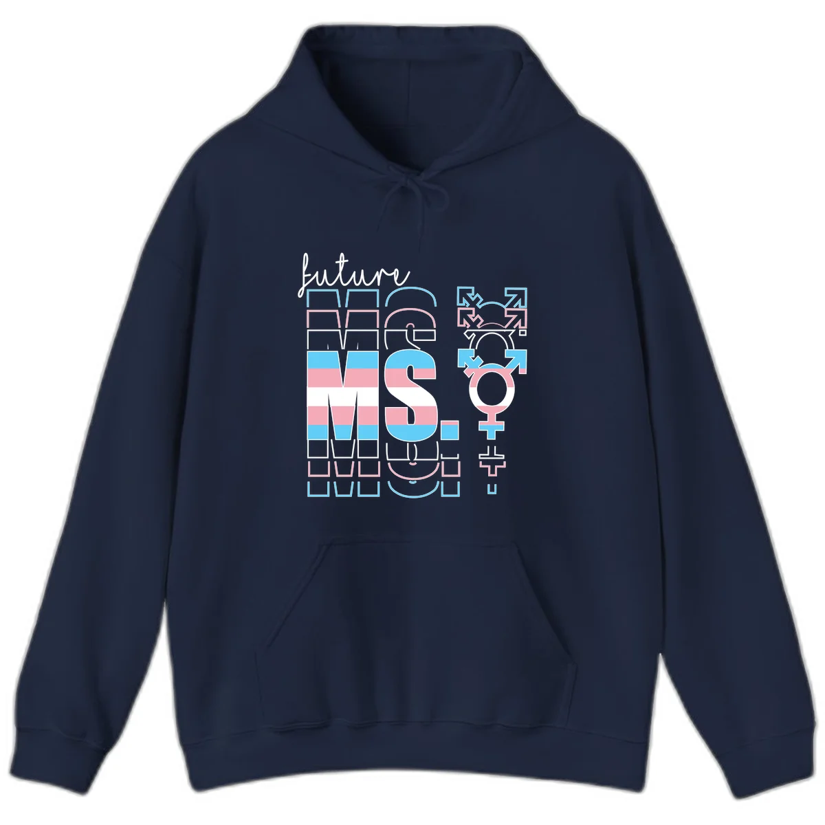 Future self gender identity pride design featuring male, female, non-binary, transgender, and intersex symbols with blue, pink, and white striped elements in Navy