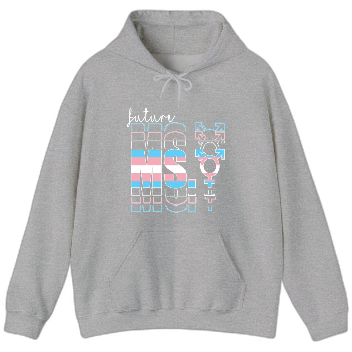 Future self gender identity pride design featuring male, female, non-binary, transgender, and intersex symbols with blue, pink, and white striped elements in Sport Grey