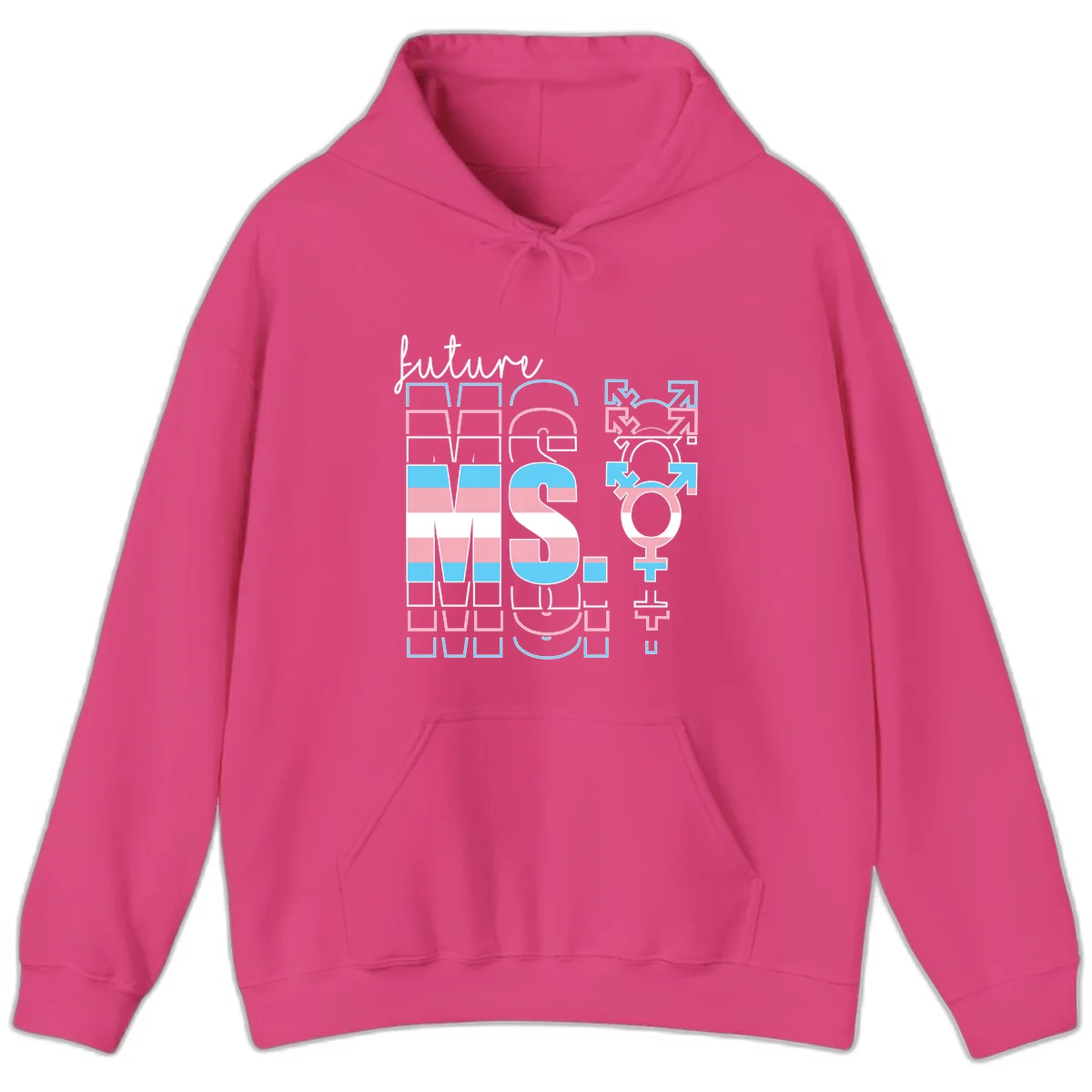 Future self gender identity pride design featuring male, female, non-binary, transgender, and intersex symbols with blue, pink, and white striped elements in Heliconia