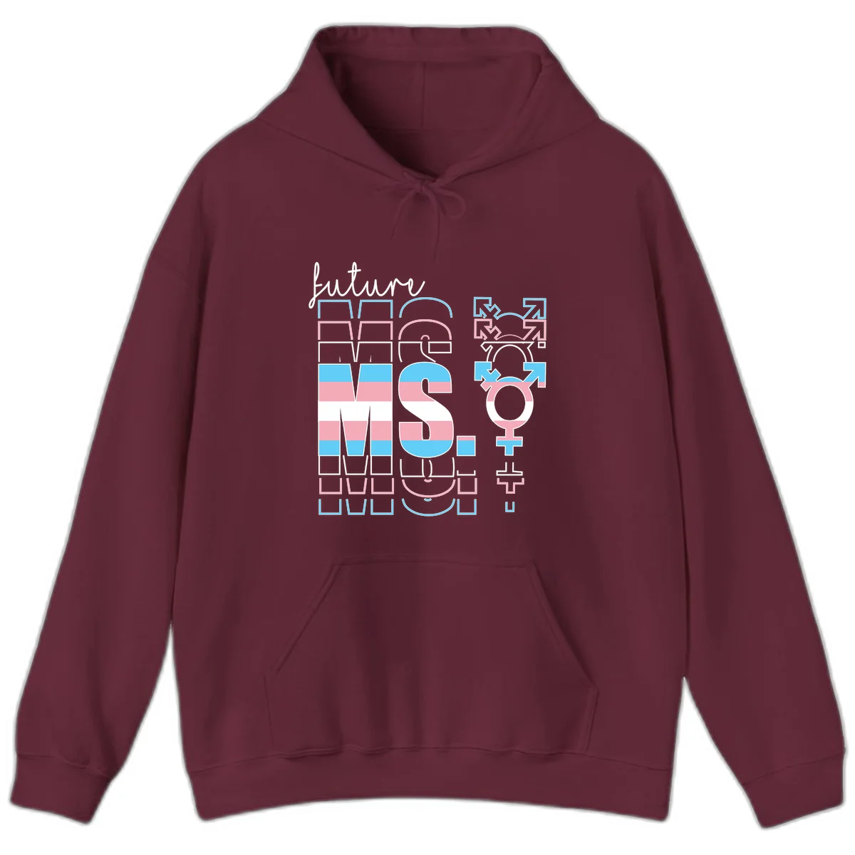 Future self gender identity pride design featuring male, female, non-binary, transgender, and intersex symbols with blue, pink, and white striped elements in Maroon