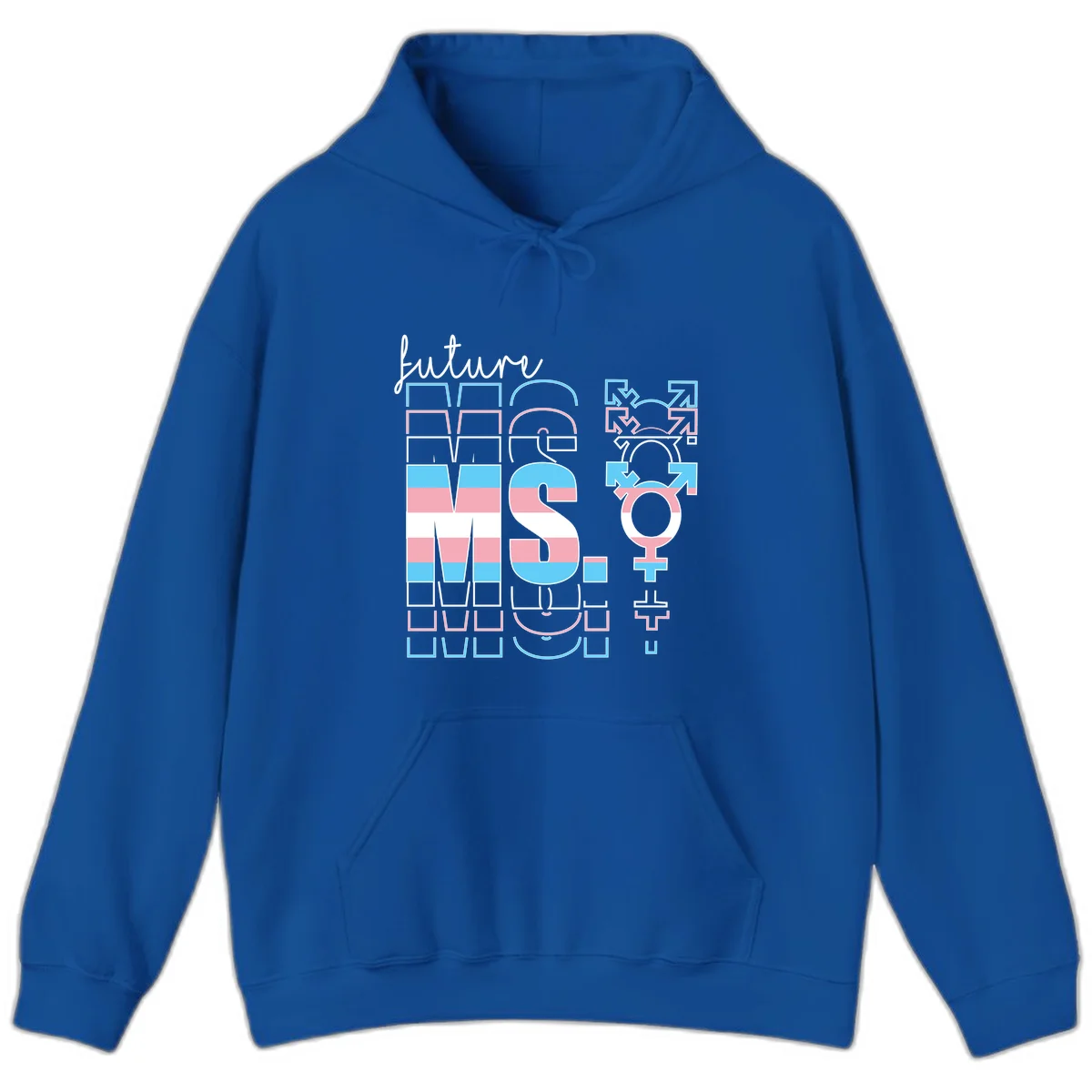 Future self gender identity pride design featuring male, female, non-binary, transgender, and intersex symbols with blue, pink, and white striped elements in Royal